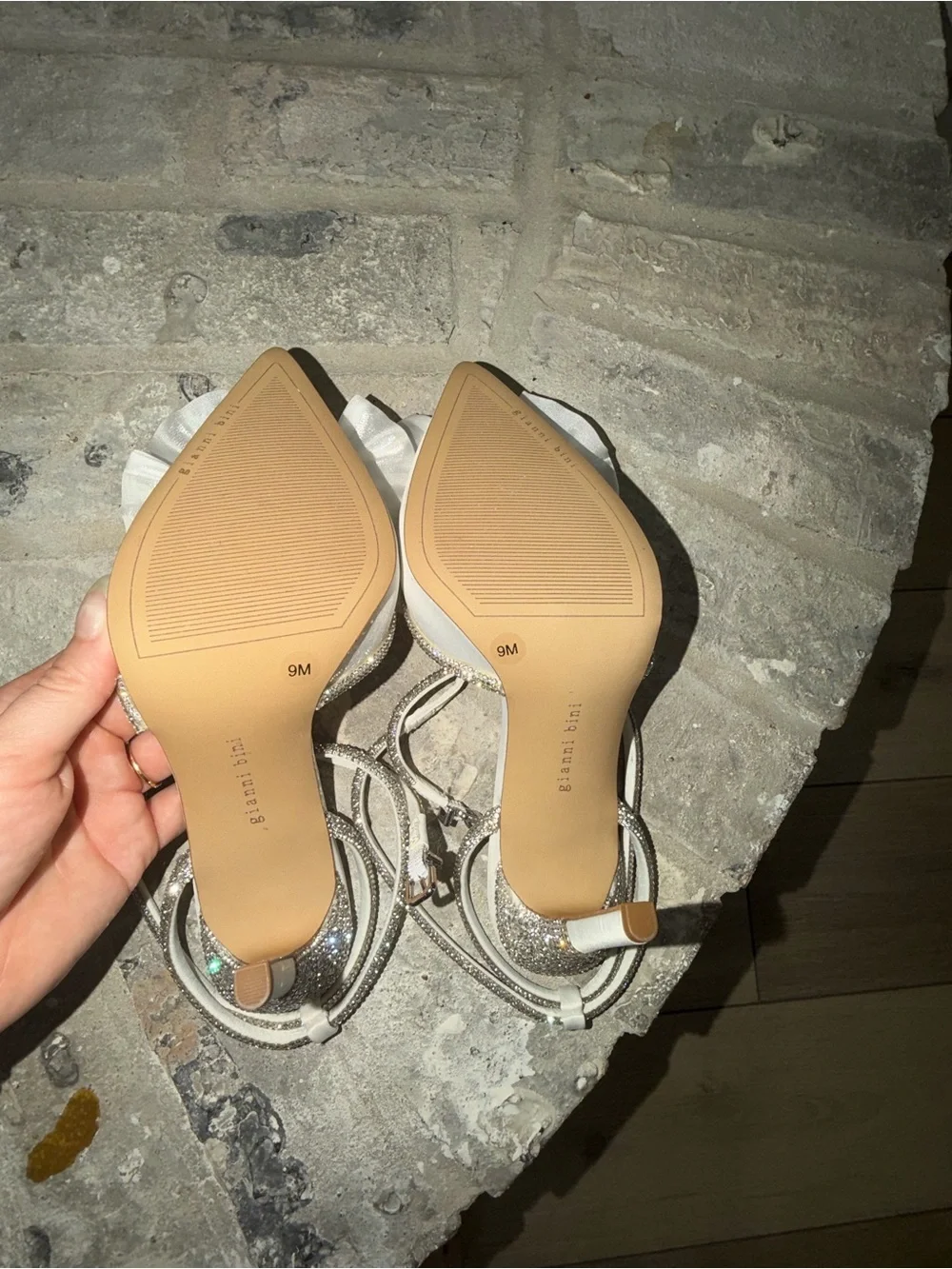 Gianni Bini White Satin Pointed-Toe Heels with Crystal Bow and Ankle Wrap - Picture 5 of 6